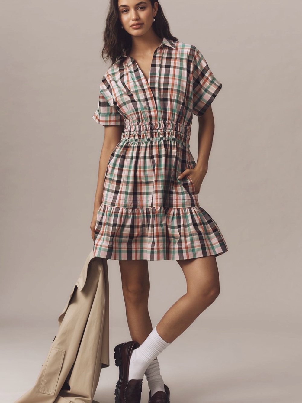 NWOT Anthropologie Somerset Plaid Mini Shirt Dress in Pink & Green